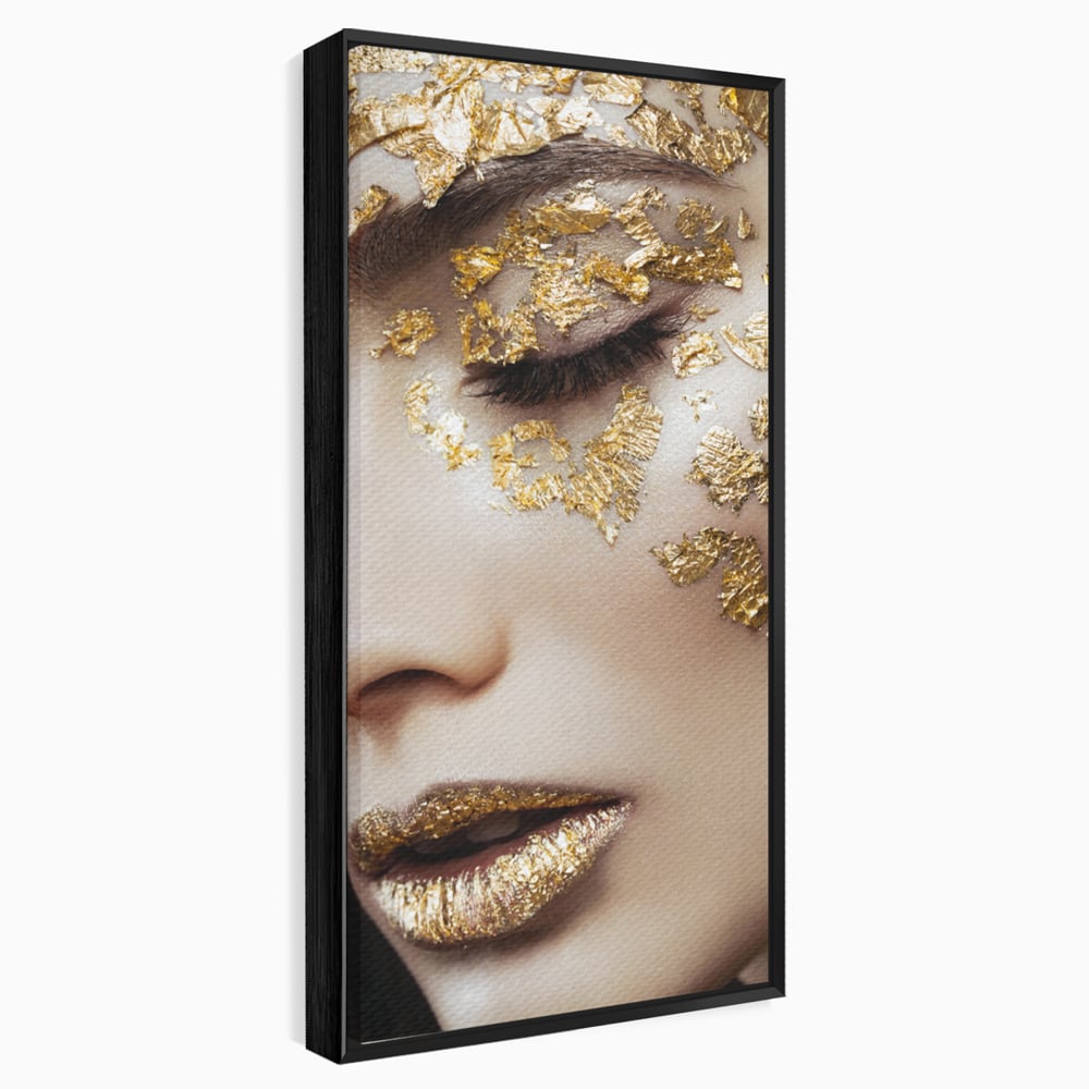 Tablou canvas cu portret feminin cu aplicatii aurii, in rama de aluminiu negru